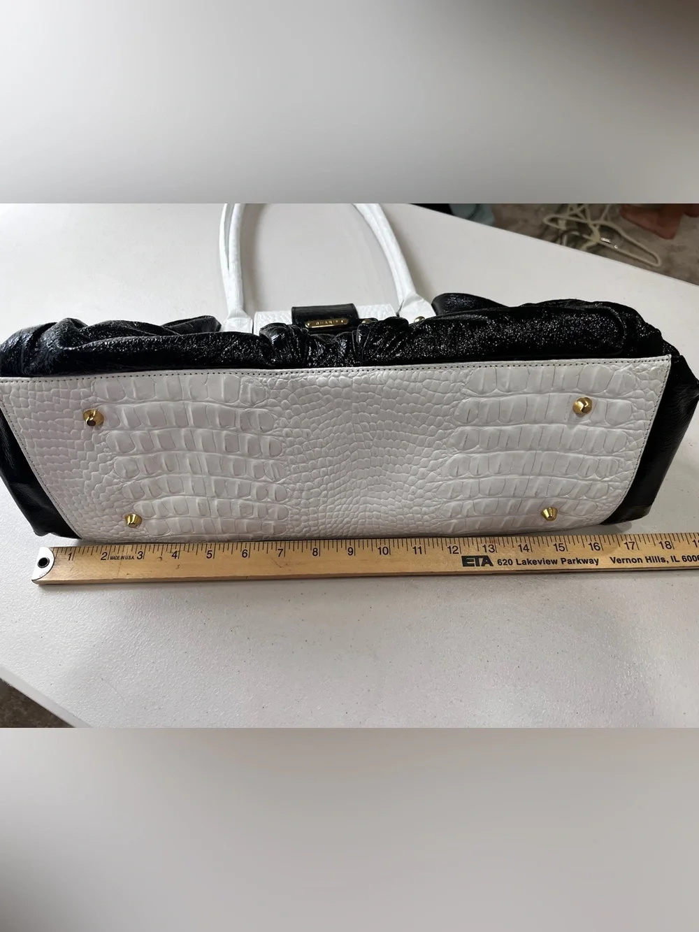 Sharif Studio Black White Faux Croc Patent Large Satchel Bag w/ Gold Hardware